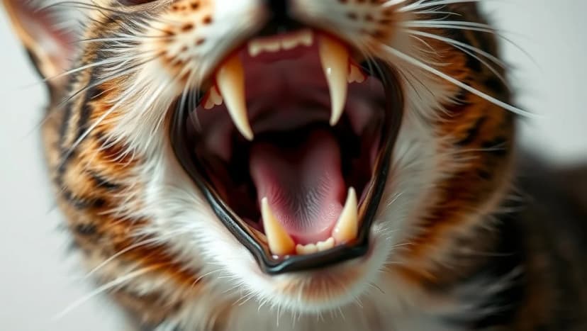 Kattens tänder så nära att du kan se dem