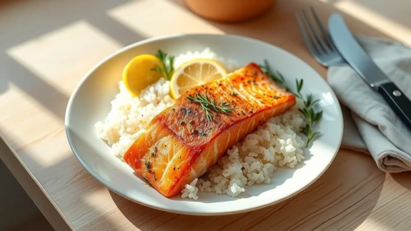 Carrier lax och ris hemma på tallriken